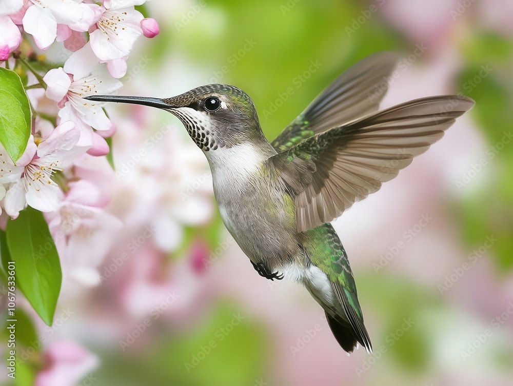 Fototapeta premium Graceful hummingbird feeding on pink cherry blossoms