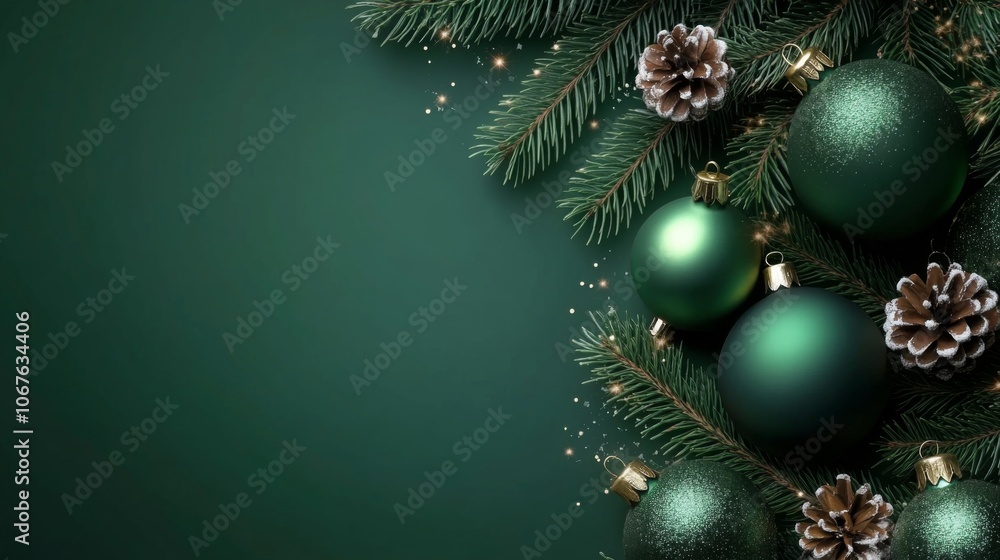 Christmas background. decorated with pine branches, pinecones, ball and shiny ornaments, perfect for a holiday-themed design. Christmas background. decorated with pine branches, pinecones, ball and shiny ornaments, perfect for a holiday-themed design.