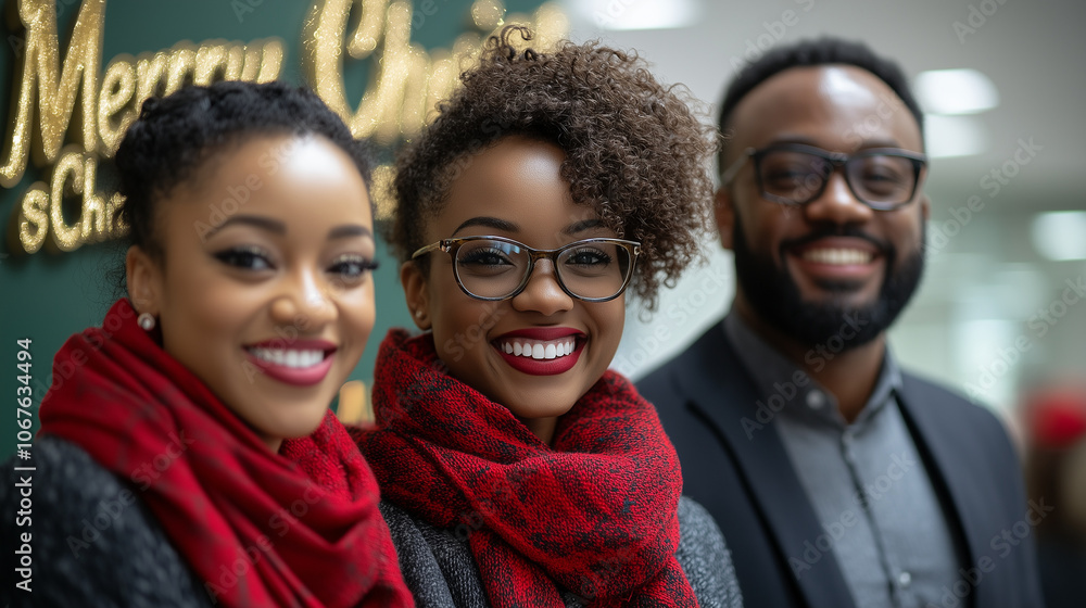 Office team in holiday scarves, laughing with Office team in holiday scarves, laughing with