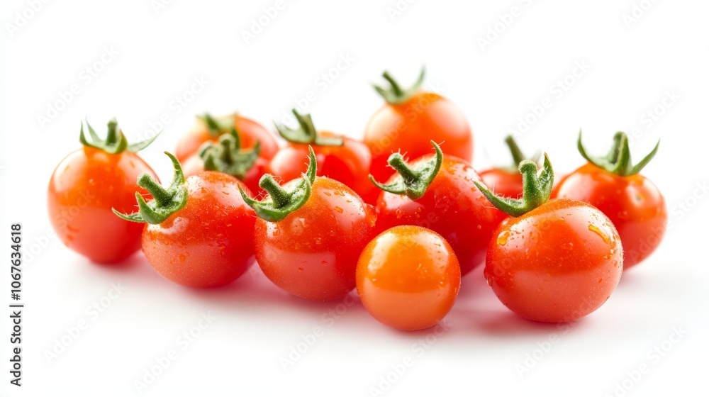 A cluster of ripe cherry tomatoes showcases a variety of sizes and shades, highlighting their freshness with droplets of water on the glossy surface against a stark white backdrop A cluster of ripe cherry tomatoes showcases a variety of sizes and shades, highlighting their freshness with droplets of water on the glossy surface against a stark white backdrop
