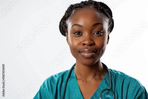 Black nurse in scrubs on white background.