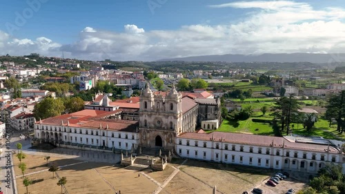 4k Aerial view of Alcobaca Monastery or Alcobasa Monastery, a Catholic monastic complex in Alcobaca, Leiria, Portugal
