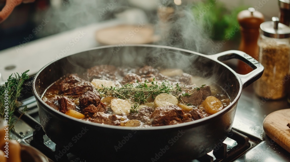 Beef Bourguignon in Cast-Iron Pot, hearty dish simmering on the stove, surrounded by fresh herbs and spices, showcasing rich flavors and culinary craftsmanship