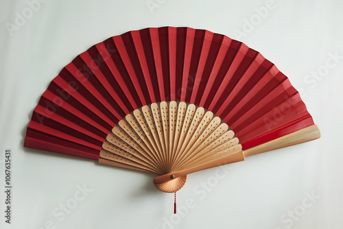 Red fan on white background with wooden handle, blending traditional, modern aesthetics