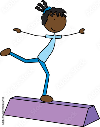 Cartoon vector illustration of a girl on a training foam balance beam