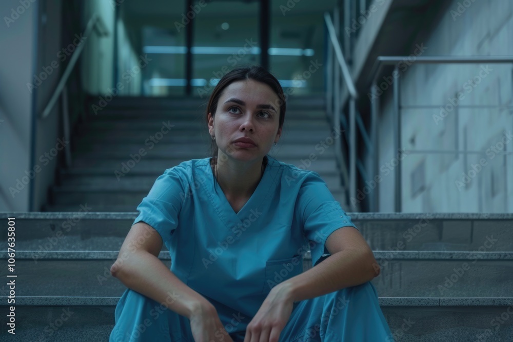 Obraz premium Stressed female healthcare worker sits on hospital stairs.