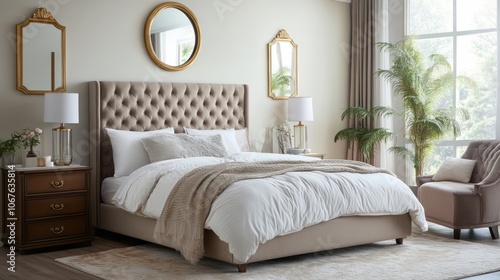 Wallpaper Mural A Luxurious Bedroom with a Plush Bed, Golden Mirrors, and a Comfortable Armchair Torontodigital.ca