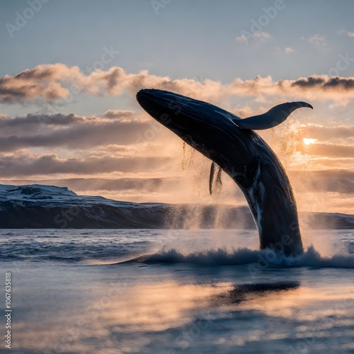 The blue sperm whale leaps out of the ocean as the sun rises over the ice sea.
