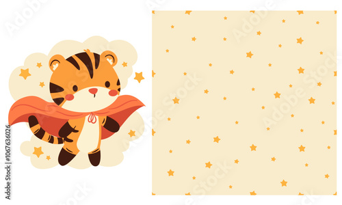 Collection of vector prints for printing on children's products. Cute tiger cub in superhero cape, clouds and stars on white background. Seamless vector pattern. Vector illustration