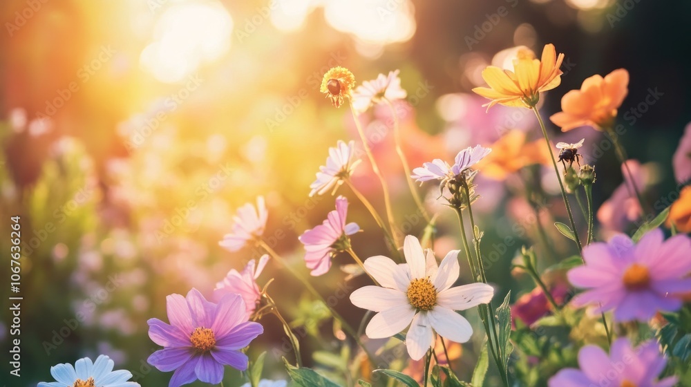 A field of colorful wildflowers basking in the warm glow of a sunset. A field of colorful wildflowers basking in the warm glow of a sunset.