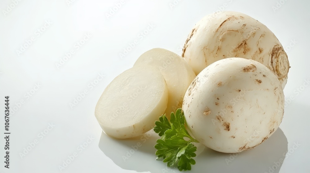 A fresh jicama is displayed on a clean white background, showcasing its smooth skin and crisp, white flesh, ideal for salads, snacks, and healthy recipes A fresh jicama is displayed on a clean white background, showcasing its smooth skin and crisp, white flesh, ideal for salads, snacks, and healthy recipes