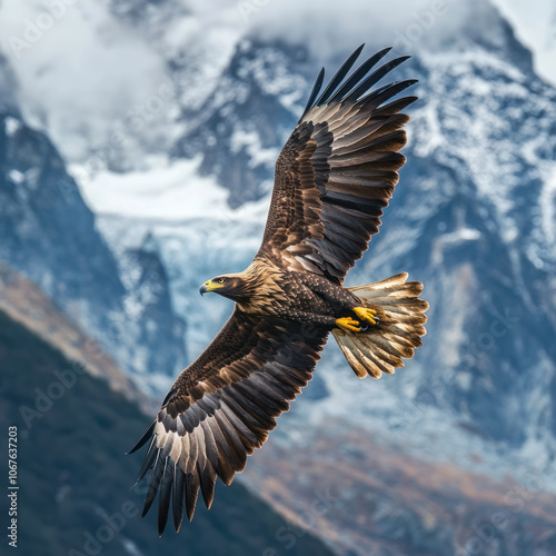 a majestic eagle soaring through the sky, its feathers as sharp as blades and eyes like molten gold photo