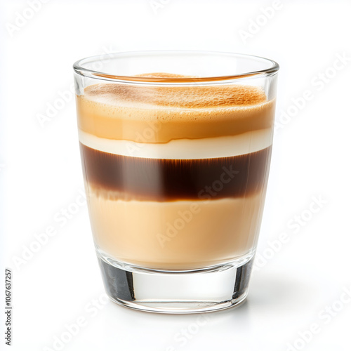 A beautifully layered coffee beverage in a glass cup, perfect for any time