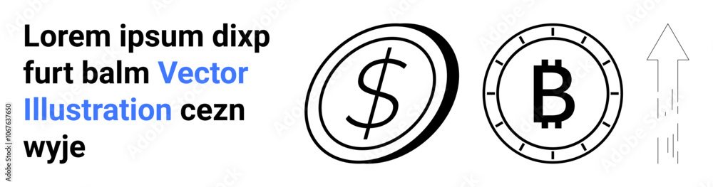 Two coins featuring dollar sign and bitcoin, upward arrow indicating growth, lorem ipsum text. Ideal for finance, investments, cryptocurrency, economics, business growth, market trends, digital Two coins featuring dollar sign and bitcoin, upward arrow indicating growth, lorem ipsum text. Ideal for finance, investments, cryptocurrency, economics, business growth, market trends, digital