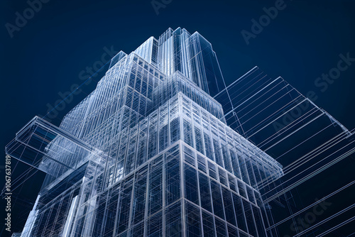Futuristic skyscraper wireframe, blue background highlighting architectural digital complexity