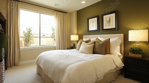 A well-lit bedroom with a white bed, beige curtains, and an olive green wall