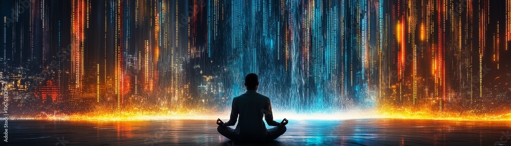 A tranquil scene of meditation amidst a vibrant digital landscape. A tranquil scene of meditation amidst a vibrant digital landscape.