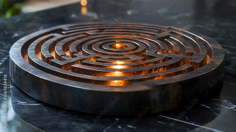 A decorative, circular labyrinth design with glowing elements, set atop a dark marble surface, creating an elegant ambiance. A decorative, circular labyrinth design with glowing elements, set atop a dark marble surface, creating an elegant ambiance.