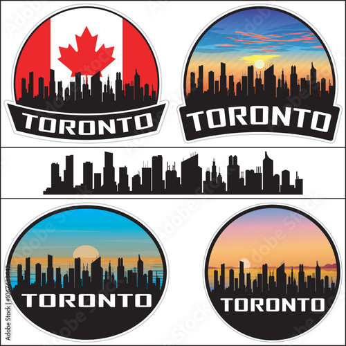 Toronto Skyline Canada Flag Cityscape Silhouette Travel Souvenir Sticker Sunset Isolated Vector