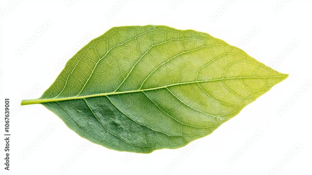 Obraz premium A single fresh lettuce leaf rests on a white background, highlighting its rich green color, smooth surface, and intricate vein patterns that emphasize its freshness