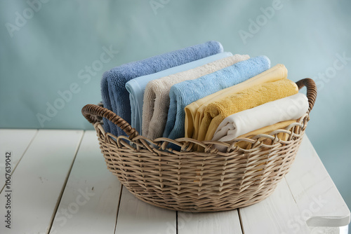 Basket with folded towels, creating a fresh, calming vibe photo