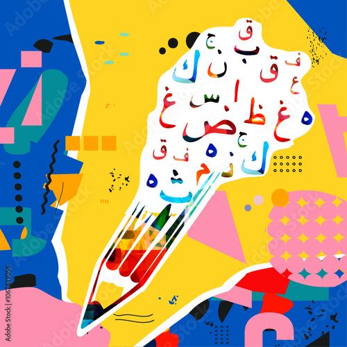 Arabic Islamic calligraphy symbols vector illustration. Colorful Arabic alphabet text design, Arabic letters and typography background, education concept, creative writing and creation, storytelling	