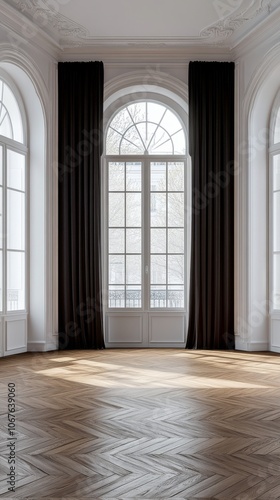 Elegant interior design featuring large windows and patterned wooden floor in a bright room