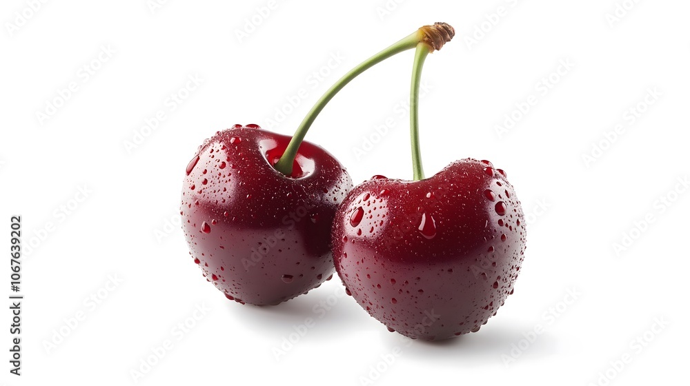A red cherry with a stem is sitting on a white background A red cherry with a stem is sitting on a white background