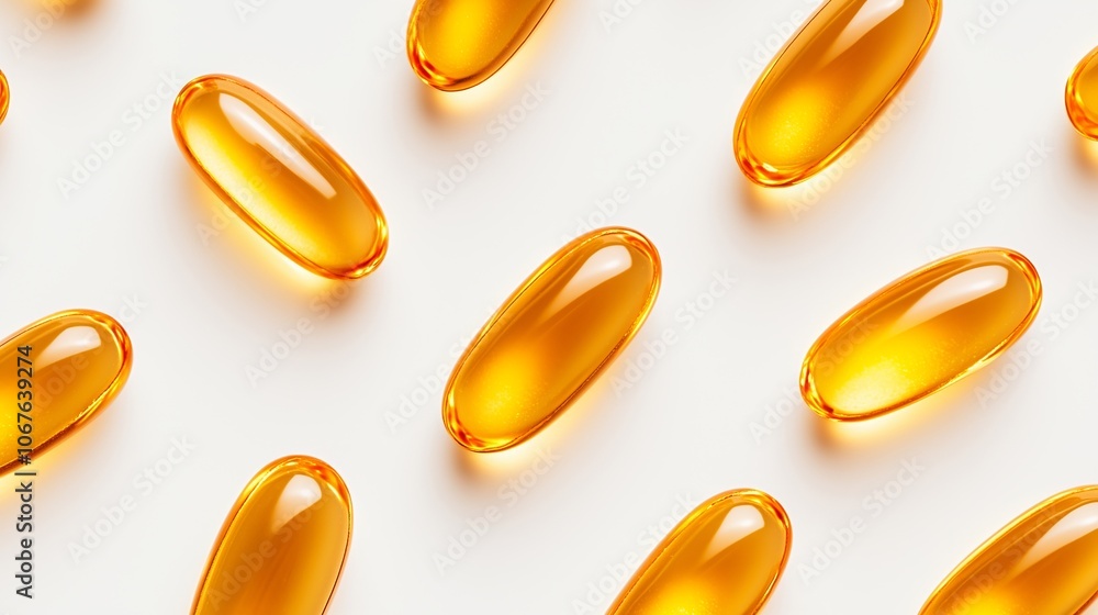Fish oil omega 3 capsules pattern on white background. Vitamin supplement concept. Image for medical product and pharmacy banner background. Fish oil omega 3 capsules pattern on white background. Vitamin supplement concept. Image for medical product and pharmacy banner background.