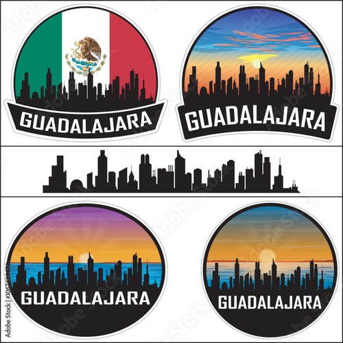 Guadalajara Skyline Mexico Flag Cityscape Silhouette Travel Souvenir Sticker Sunset Isolated Vector