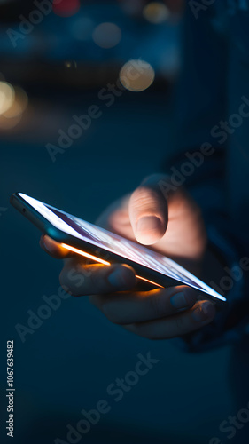 Close up of hand holding smartphone, glowing screen in dark setting Vertical Mobile Wallpaper