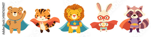 Set of flat vector illustrations in children's style. Cute animals in superhero costumes, tiger lion hare lion raccoon bear. Children's illustrations on white background . Vector illustration