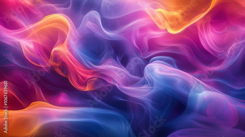 Abstract Multicolored Smoke Filling a 3D Space, Flowing in Organic Swirls of Purple, Blue, Pink, and Yellow, Creating a Dreamlike, Ethereal Atmosphere with Dynamic Movement and Soft Lighting 2