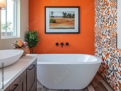 Modern Bathroom with White Bathtub, Orange Walls, and Floral Tile photo