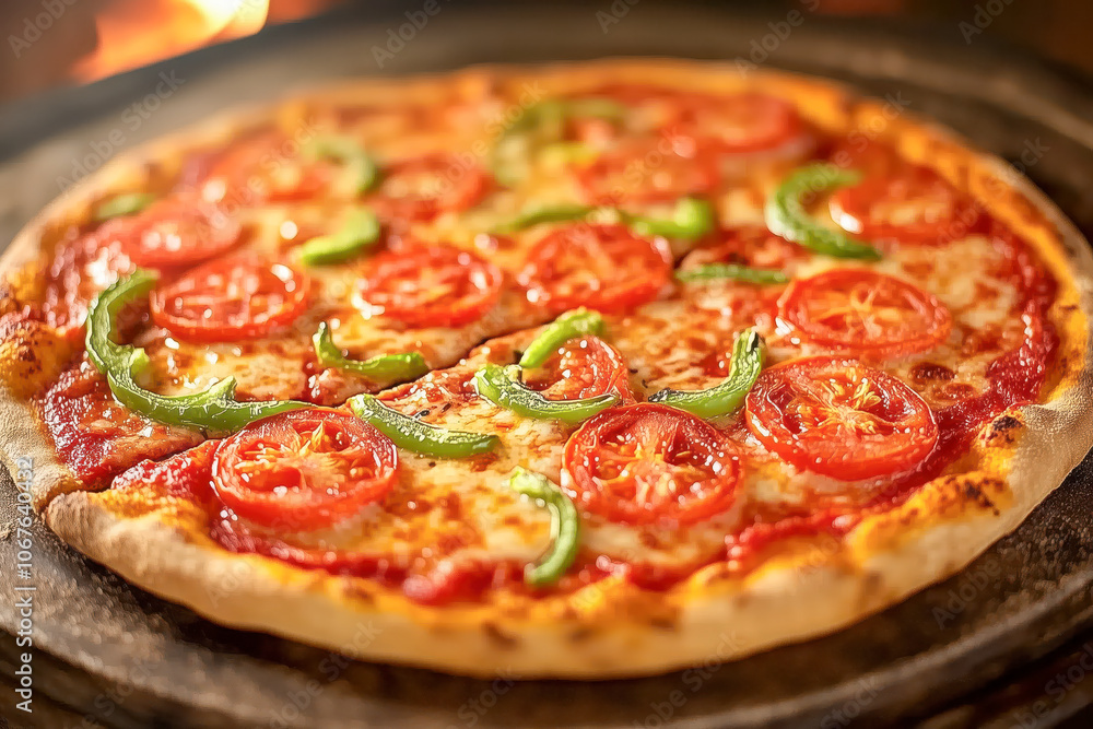 Gourmet pizza fresh out of the wood-fired oven, with bubbling cheese, tangy tomato sauce, and a variety of colorful toppings spread over a crispy, thin crust Gourmet pizza fresh out of the wood-fired oven, with bubbling cheese, tangy tomato sauce, and a variety of colorful toppings spread over a crispy, thin crust