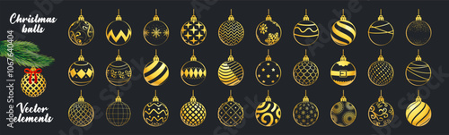 Christmas balls gold vector set design. Gold xmas balls decoration elements for holiday season ornaments collection