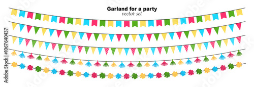 Carnival and party garland with flags. Decorative colorful party pennants for birthday, Christmas, New Year celebration.