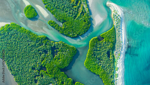 Overhead view of the beautiful El Soldado estuary in San Carlos Sonora, Mexico. The blue-green tones create a unique paradisiacal scenery where sand, mangrove, salt and fresh water come together.