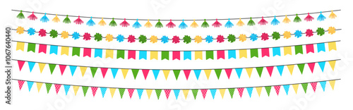 Decorative colorful party garland for birthday, Christmas, New Year celebration. Carnival garland with flags isolated on transparent background