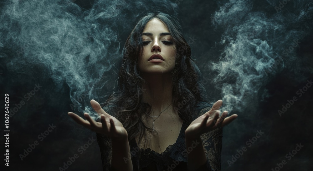 Woman creating mystical smoke effects in a dark setting Woman creating mystical smoke effects in a dark setting