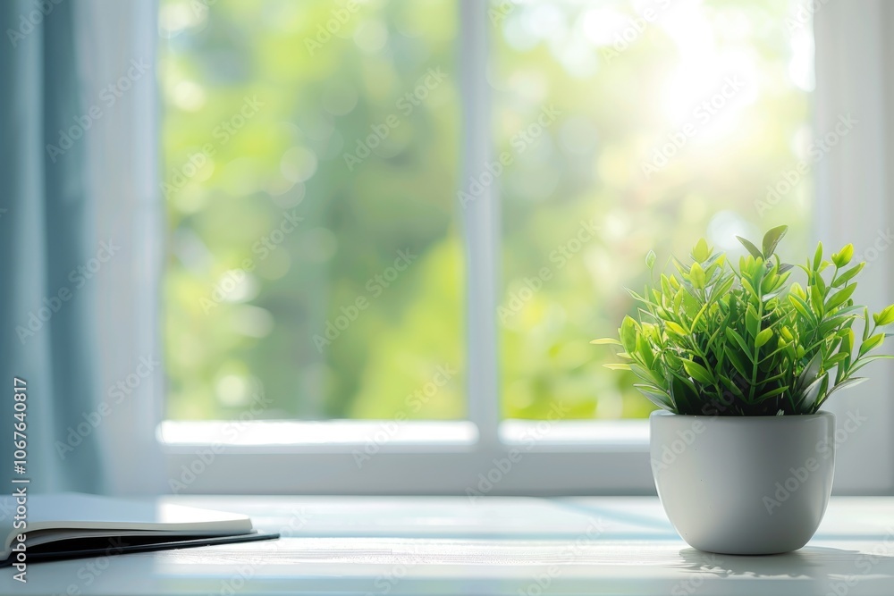 White desk with window view and green plant decor. White desk with window view and green plant decor.