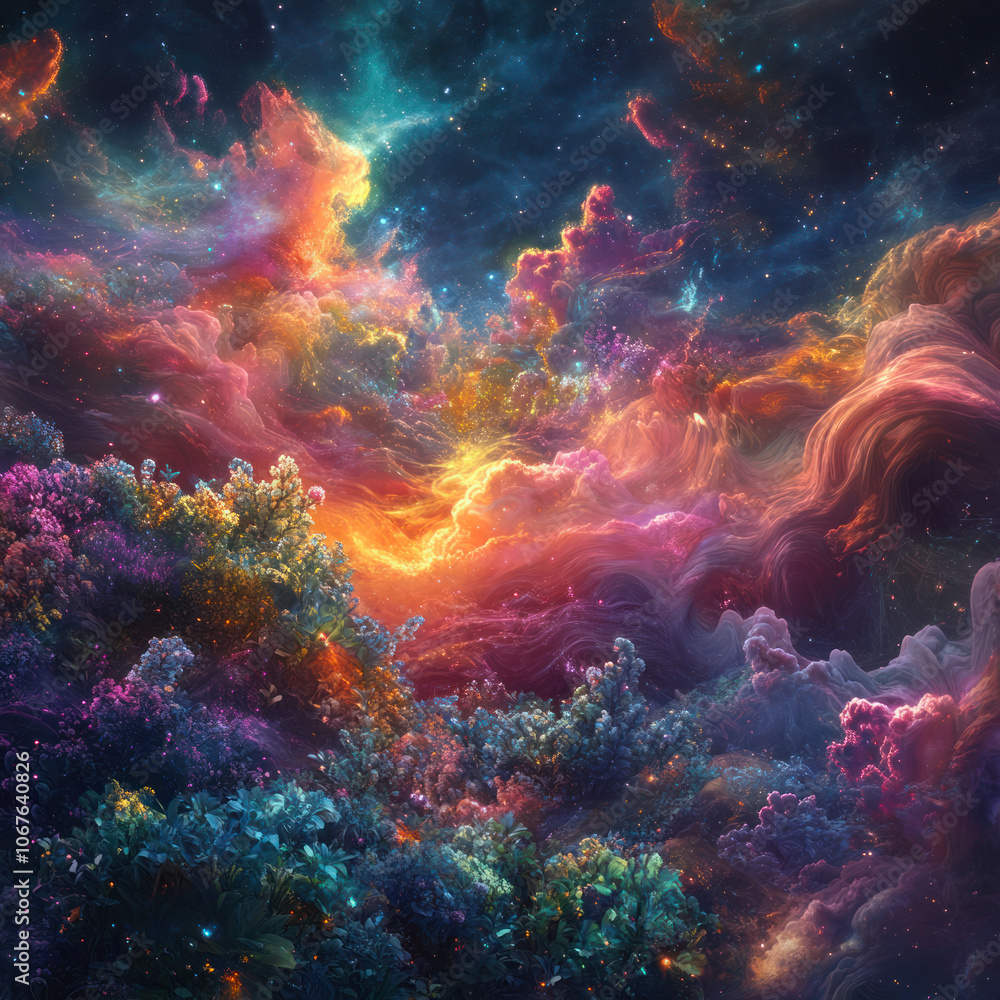 An ethereal landscape of vibrant flora and swirling nebulae, rendered An ethereal landscape of vibrant flora and swirling nebulae, rendered