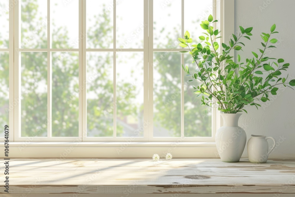Desk with green plant and spring view through window. Desk with green plant and spring view through window.