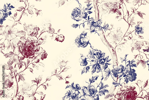 Toile De Jouy vintage floral pattern featuring delicate florals wildflowers and romantic motifs photo