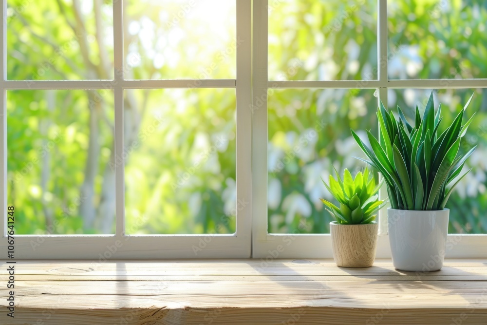 Desk with green plant and spring view through window. Desk with green plant and spring view through window.