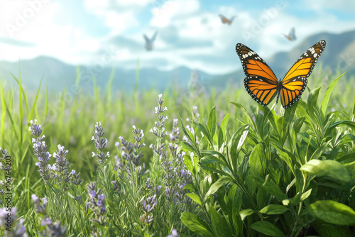 Herb garden filled with aromatic plants like basil, rosemary, and lavender, with butterflies flitting from flower to flower