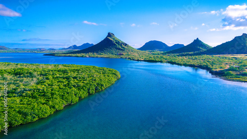 Landscape of the beautiful El Soldado estuary in San Carlos Sonora, Mexico. A unique paradisiacal scenery where sand, mangrove, salt and fresh water come together in a wonderful habitat for wildlife. photo