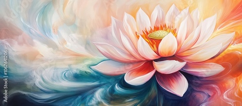 A vibrant pink and white lotus flower in full bloom, with swirling blue and orange watercolor background.