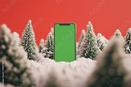 Phone with green screen on snowy background with Christmas trees. Christmas ad on phone on red background. Christmas sale.  photo