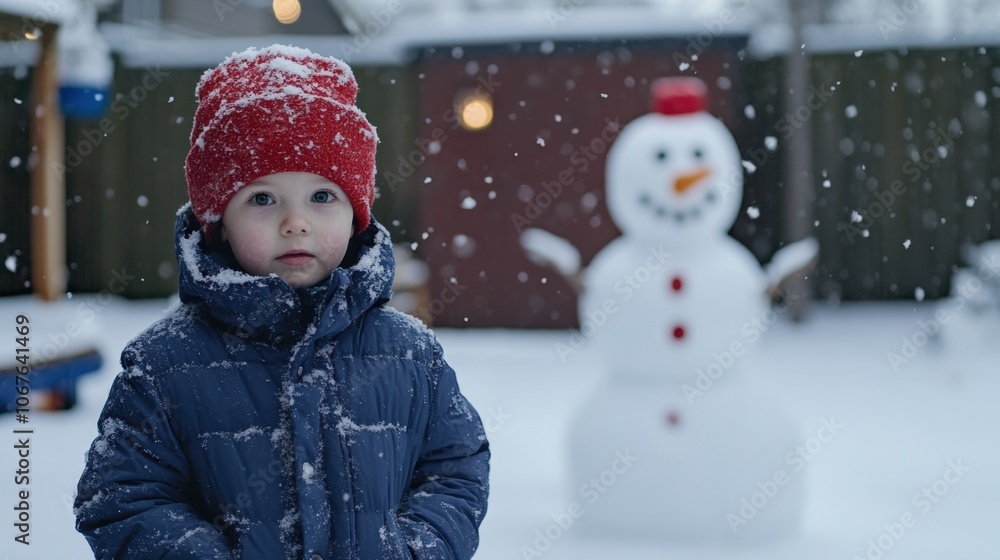 Child enjoying snowfall beside a snowman in a winter backyard Child enjoying snowfall beside a snowman in a winter backyard